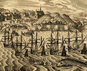 Näkymä Acapulcon satamasta Meksikossa, kaiverrus Historia Americaesta, kirjoittanut Theodor de Bry (1528-1598), Frankfurt tekijältä Theodore de Bry
