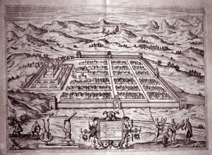 Näkymä Cuzcon inkakaupunkiin, Peru (kaiverrus tekijältä Theodore de Bry