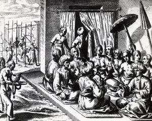 Hääseremonia Bantamissa, Jaavan saarella, Theodor de Bry (1528-1598). kaiverrus. tekijältä Theodore de Bry