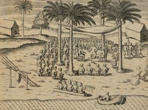 Tervetuloa Afrikan alkuperäiskansoista, kuvitus Indiane Orientalisista, Antonio Pigafetta, kirjoittanut Theodore de Bry tekijältä Theodore de Bry