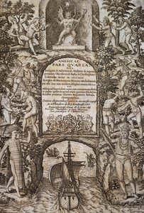 Länsi-Intia tai Amerikka, kirjoittanut Theodor de Bry (1528-1598), etukappale, kaiverrus tekijältä Theodore de Bry