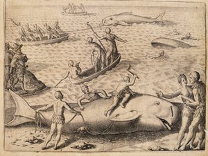 Valaanpyynti lähellä Huippuvuoria, kaiverrus Theodor de Bry (1528-1598) Intiasta Orientalis (Itä-Intia) tekijältä Theodore de Bry