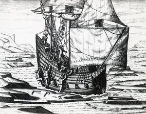 William Barentsin (n. 1550-1597) laiva kolmannella hollantilaisen Koillisväylän etsintämatkalla, Theodor de Bry (1528-1598), kaiverrus tekijältä Theodore de Bry