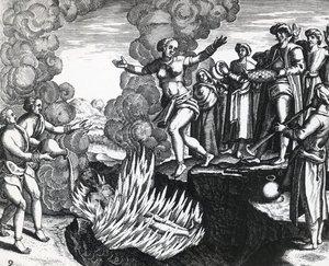 Theodor de Bry (1528-1598) Nainen heittäytyy miehensä pirteään, kaiverrus tekijältä Theodore de Bry