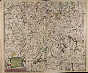 Accuratissima Rheni superioris Mosae et Mosellae tabula ac minores in eosdem in fluentes fluvii cum omnibus adherentibus regionibus sicut archiepiscopatus et electoratus Moguntini et Palatinatus Rheni Lotaringiae Helvetiae Alsatiae Sueviae et comitatus Bur tekijältä Theodorus Danckerts