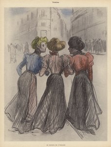Kolme naista kävelemässä kadulla (väri litho) tekijältä Theophile Alexandre (after) Steinlen