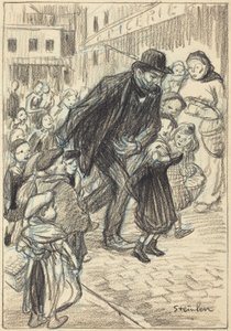 Mies kaupungin kadulla lasten ympäröimänä (Isä) tekijältä Théophile Alexandre Steinlen