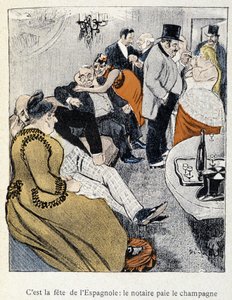 Filles et Marlous: Se on espanjalaisten juhla: notaari maksaa samppanjan – kirjassa "Dans la vie", kirjoittanut Steinlen 1901 (sama piirustus kuin nro 27695) tekijältä Théophile Alexandre Steinlen