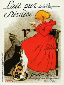 Ruoka ja juoma. Vingeanne maitoa. Pieni tyttö kissojen kanssa. Steinlenin juliste, Ranska, n. 1890 (juliste) tekijältä Théophile Alexandre Steinlen