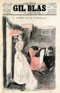 Steinlenin kuvitus Guy de Maupassantin novellista "" Parure"". Madame Loisel katsoo itseään peilistä, kun hänen miehensä riisuu kengät. Hän huomaa menettäneensä kaulakorun (timanttijoen), jonka hänen ystävänsä Madame Fores lainasi hänelle