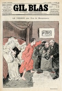 Steinlenin kuvitus Guy de Maupassantin novellista "" Lukko"". Laiton pariskunta jäi kiinni täydestä rakkaudesta ebatseihin - Aikuinen, yllätys. Gil Blasin kansi nro 4, 22. tammikuuta tekijältä Théophile Alexandre Steinlen
