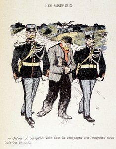 Les Miséreux: Tappamme tai varastamme maaseudulla, olemme aina pulassa... (Kahden santarmin ympäröimä kulkuri) - Steinlenin teoksessa "Elämässä" 1901 tekijältä Théophile Alexandre Steinlen
