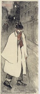 Mies huipulla ja takki kävelemässä kadulla - "" Gil Blasissa" marraskuussa 1894 tekijältä Théophile Alexandre Steinlen