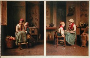 Oppitunti ja korttipeli, painettu vuonna 1858 (värilitho) tekijältä Theophile Emmanuel (after) Duverger
