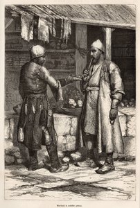 Persialainen kauppias ja muulivalmistaja Armenian kylässä, kaiverrus tekijän piirustuksen mukaan, joka havainnollistaa matkaa Lazistanissa ja Armeniassa, Theophile Deyrolles, vuonna 1869, julkaistu "" Le tour du monde"" 1875, toimittanut Edouard Charton, H