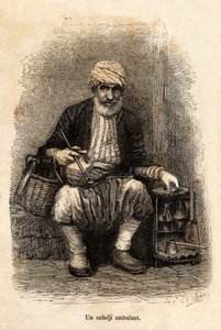 Kahvilamyyjä (cafedji) matkustamassa Trebizonden basaarissa (nykyinen Trabzon, Mustanmeren rannikolla), kaiverrus kertojan piirustuksen jälkeen, joka kuvaa matkaa Lazistaniin ja Armeniaan vuodelta 1869, kirjoittanut Theophile Deyrolle, julkaissut in "" Le 