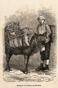 Hiilikauppias aasineen Djewiliskissä (Pohjois-Anatoliassa), kaiverrettu kertojan piirustuksen jälkeen, joka havainnollistaa matkaa Lazistanissa ja Armeniassa vuodelta 1869, Theophile Deyrolle, julkaistu "" Le tour du monde" -lehdessä 1875, toimittanut Edou