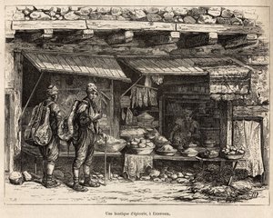 Ruokakauppa Erzeroumissa (Armeniassa), kaiverrettu kirjailijan piirustuksen jälkeen, joka havainnollistaa matkaa Lazistanissa ja Armeniassa, Theophile Deyrolles, vuonna 1869, julkaistu "" Le tour du monde""" 1875, toimittanut Edouard Charton, Hachette-pain