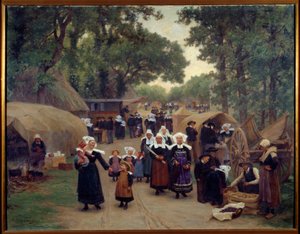Saapuminen Pardon de Fouesnant Breton Familiesin perinteisiin asuihin. Theophile Deyrollen (1844-1923) maalaus 1892 Brest, Kuvataidemuseo