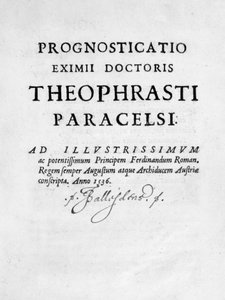 Teoksen The Prognostication of the Eximii Doctor of Paracelsus, 1536 otsikkosivu. tekijältä Theophrastus Bombastus von Hohenheim Paracelsus