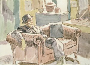 Walter Sickert istuu sohvalla, n. 1927 (musta liitu & akvarelli paperille)