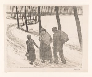 Mies ja nainen kahden lapsen kanssa kävelemässä maantiellä Pauvres gens tekijältä Théo van Rysselberghe