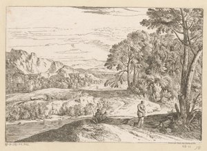 Arkadian maisema kalastajan kanssa puron varrella Suite de Paysages (sarjan nimi)