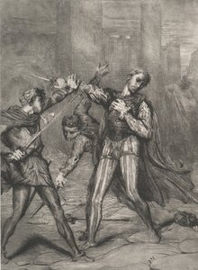 Pahis, sinä kuolet: Othello Act 5:n levy 10, kohtaus 1, kaiverrettu 1844, uusintapainos 1900. tekijältä Théodore Chassériau