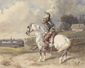 Ranskalainen lohikäärme valkoisella hevosella, käännetty vasemmalle, profiilissa tekijältä Théodore Fort (signed by artist)