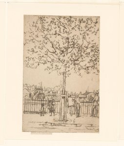 Kuusi hahmoa aidalla joen varrella, etualalla puu Chelsea Embankment, kesäkuu, 17.00, 1889 tekijältä Théodore Roussel (signed by artist)