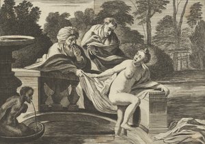 Susanna, osittain alasti ja astumassa ulos suihkulähteestä, kaksi vanhinta vasemmalla, yksi o..., n. 1656-60.