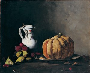 Asetelma kurpitsan, luumujen, kirsikoiden, viikunoiden ja kannun kanssa, noin 1860