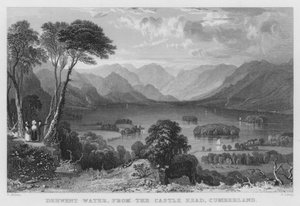Derwent Water, Castle Headistä, Cumberland (kaiverrus) tekijältä Thomas (after) Allom
