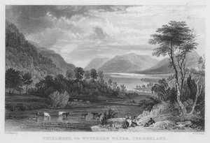 Thirlmere tai Wythburn Water, Cumberland (kaiverrus) tekijältä Thomas (after) Allom