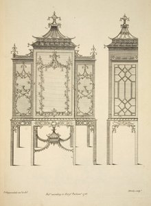 Suunnittelu kiinalaukkuun, pubi. 1753 (kaiverrus) tekijältä Thomas (after) Chippendale