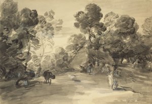Metsäinen maisema hahmoilla, mökki ja lehmä, n. 1785 (pesu & liitu guassilla paperille) tekijältä Thomas (after) Gainsborough