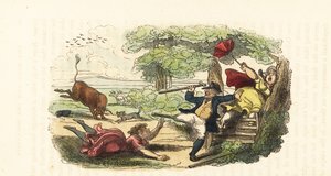 Kasvitieteilijöiden perhe hyökkäsi pellolla syöksyvän härän kimppuun. ,1831 (kaiverrus) tekijältä Thomas (after) Rowlandson