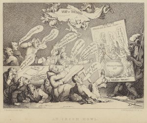 Irlantilainen ulvo: Yhdistyneiden irlantilaisten kansalliskonventin kokous, jolle esitetään republikaanismin kauhuja, joista esimerkkinä Ranskan vallankumous tekijältä Thomas (after) Rowlandson