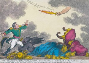 Sarjakuva, jossa juhlitaan Napoleonin luopumista kruunusta vuonna 1814