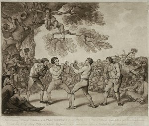 Nyrkkeilyottelu Daniel Mendozan ja Richard Humphreysin välillä Stiltonissa, Huntingdonshiressa, 6. toukokuuta 1789, kaiverrus Joseph Grozer (n. 1755-1799) (kaiverrus) tekijältä Thomas (after) Rowlandson