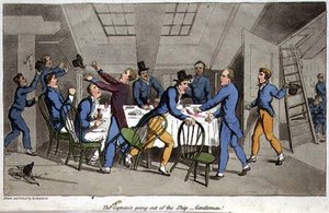 Kapteeni lähtee laivasta - herrat! levy John Mitfordin (1782-1831) "The Adventures of Johnny Newcome in the Navy" -kirjoituksesta kaivertanut W. Read tekijältä Thomas (after) Rowlandson