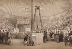 Prinssi Albert laskemassa ensimmäisen kiven uuteen kuninkaalliseen pörssiin Lontoossa 17. tammikuuta 1842 tekijältä Thomas Allom