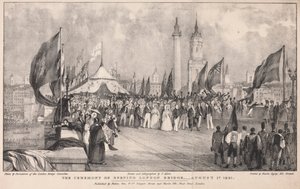 London Bridgen avajaisseremonia taustalla Old London Bridge tekijältä Thomas Allom