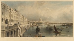 "Näkymä Lontooseen, Englantiin, Somerset House Marine Buildingista, jossa on Saint Paulin katedraali ja London Bridge". Litografia tekijältä Thomas Allom