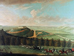 Näkymä Belvoirin linnaan lounaasta, Belvoirin metsästys on täydessä vauhdissa, 1730.