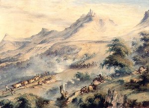 Kapteeni Fisherin komennossa oleva partio, jota Macoman kaffirit rynnäköivät Van Beulens Hoek Kat-joella, noin 1846. tekijältä Thomas Baines