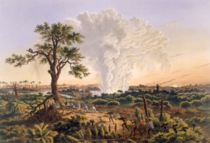 Putoukset auringonnousun aikaan, kun suihkupilvi nousee 1 200 jalkaa korkeammalle, 1865 (värituloste).