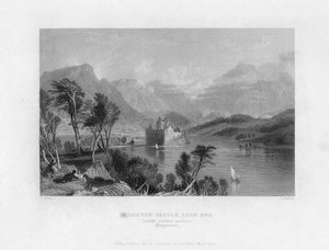 Kilchurnin linna, Loch Awe, katsomassa kohti Dalmallya, Argyleshire, 1800-luku.