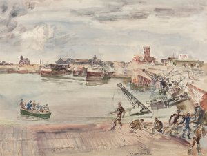 Calais Bassin Ouestin sataman ex entrepots (sic) telakka, 1944 (kynä, kynä, muste, sivellin ja wc paperilla)