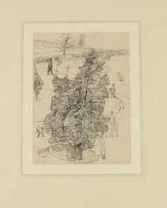 Figuurit puistossa; "Miehet olivat hiljaa, puut puhuivat." Kuvitus todistajille, ennen vuotta 1938 (kynä ja muste paperille)